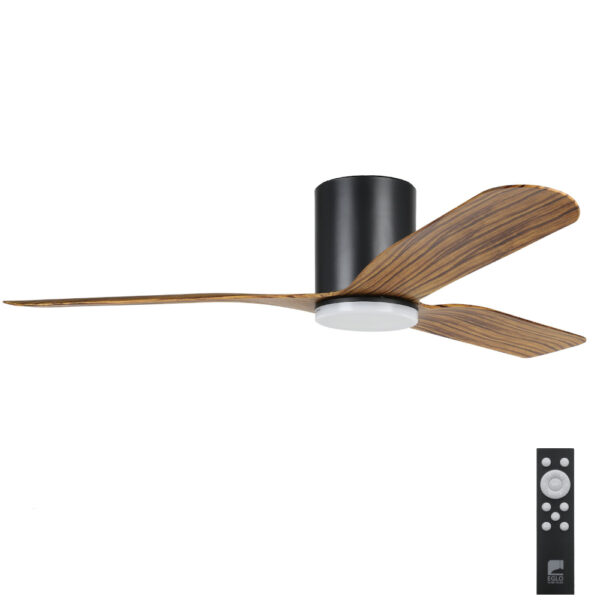 Eglo Iluka DC Low Profile Ceiling Fan with Dimmable CCT LED Light - Black with Timber Look Blades 52"